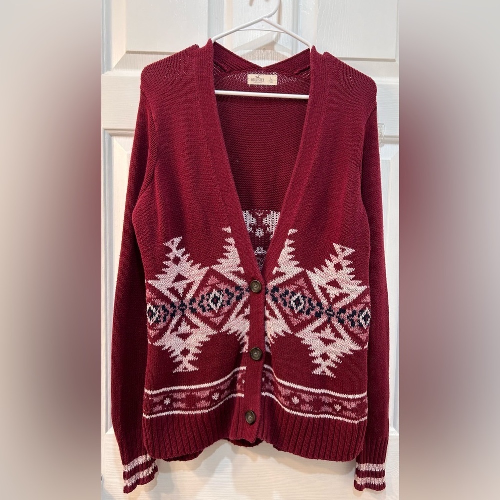 Hollister Cotton Blend Burgundy Cardigan Sweater Women Sz L Grandma Kurt Cobain